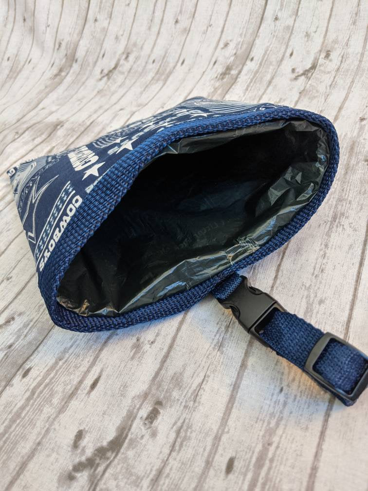 Dallas Cowboys Car Garbage Bag with Adjustable Strap and Removable Plastic Coated Mesh Liner made from Dallas Cowboy Football Fabric