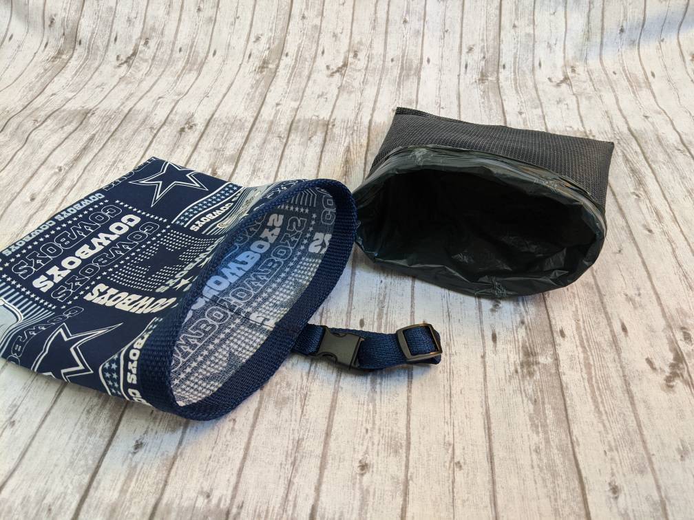 Dallas Cowboys Car Garbage Bag with Adjustable Strap and Removable Plastic Coated Mesh Liner made from Dallas Cowboy Football Fabric